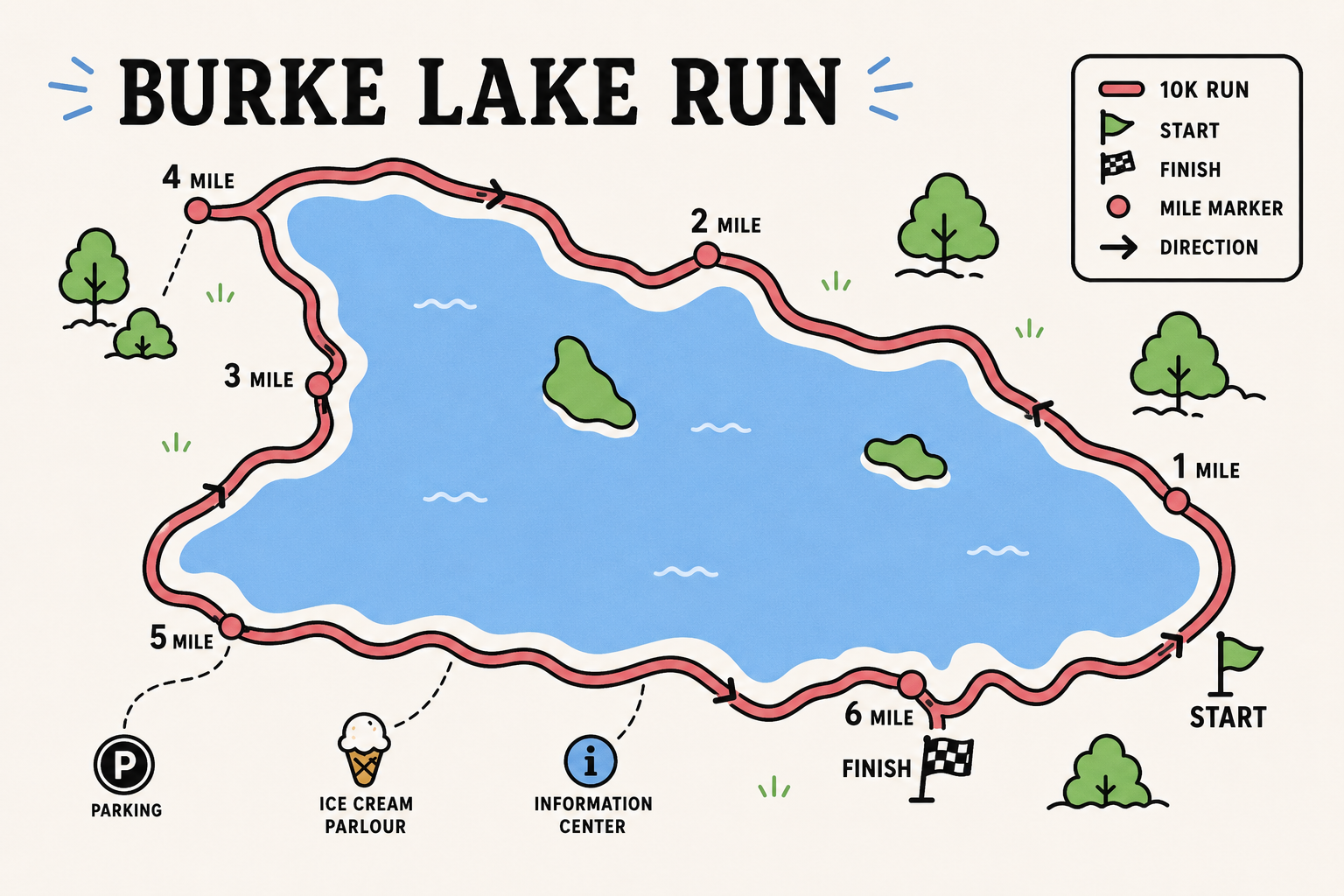 Illustrated Burke Lake 10K route map with start, finish, parking, and mile markers
